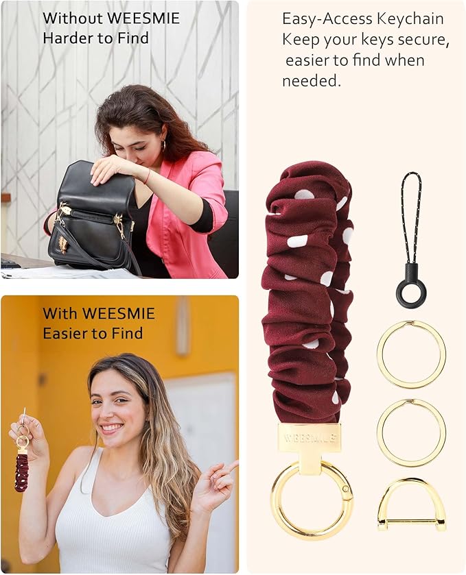 WEESMILE Keychain Wristlet, Stretchy Key Chain for Car Keys with D ring, Cute Scrunchie Wrist Bracelet for Women Men