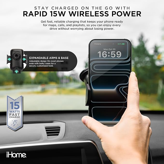 iHome Car Mount, Dashboard/Windshield/Vent Mount, Swivel Neck, Silicone Grip, Adjustable Mount Arm with Suction Cup Base (Wireless Charging Car Mount)