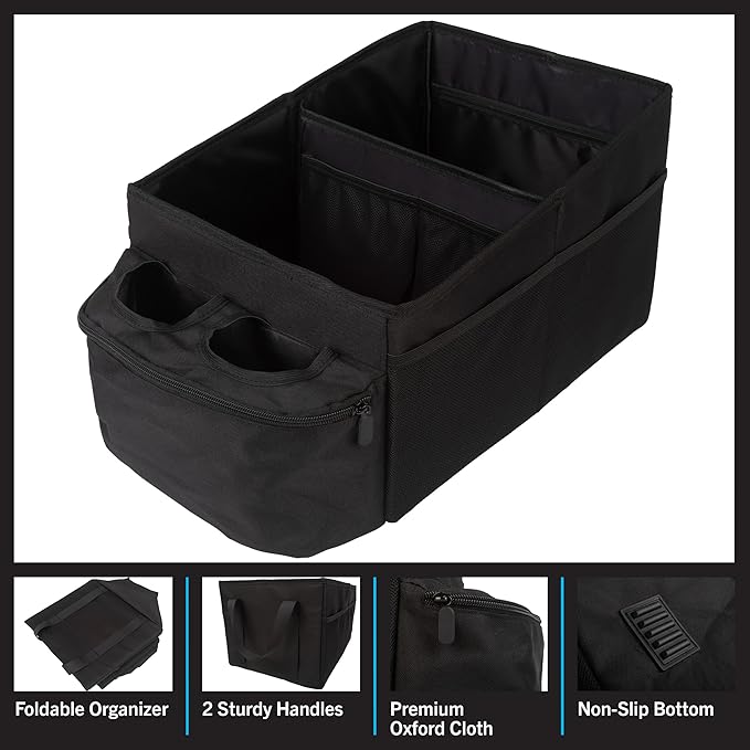 Backseat Car Organizer Back Seat or Front Car Seat Organizer - Collapsible Storage Box Caddy with 2 Cupholders and Partitions for Files, Books, Toys, Snacks, Drinks or Road Trip Essentials by Stalwart