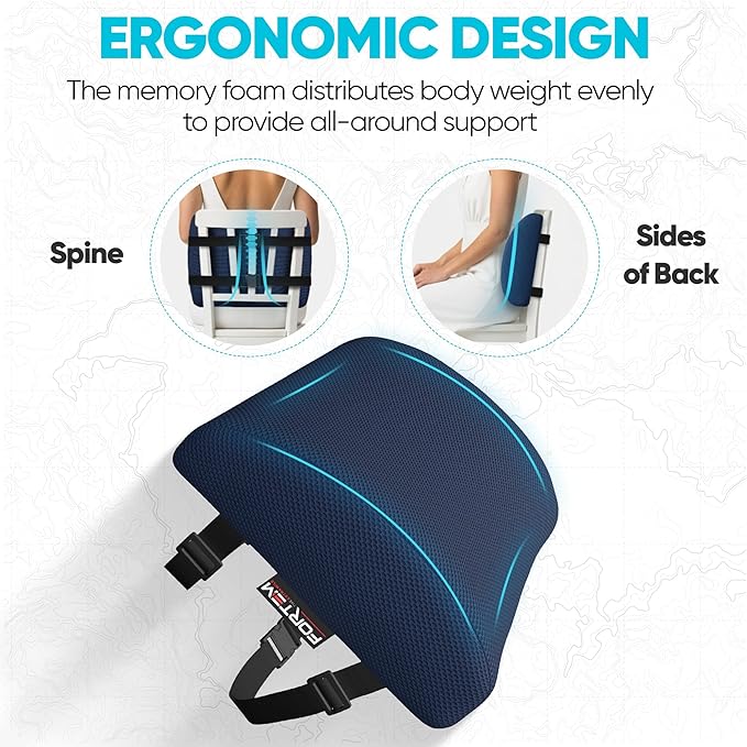 FORTEM Lumbar Support Pillow for Office Chair, Lumbar Support Pillow for Car, Back Rest for Gaming, Memory Foam Pillow, Desk Chair Cushion, Breathable & Washable Cover, Adjustable Straps