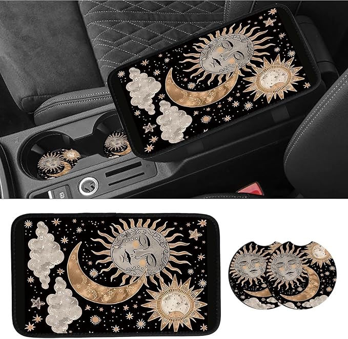 Car Armrest Cover Pads Universal Fashion Cute Auto Center Console Armrest Cover Pad with 2PCS Car Coasters Soft Waterproof Car Armrest Seat Protector for Women, Sun Moon Clouds Stars