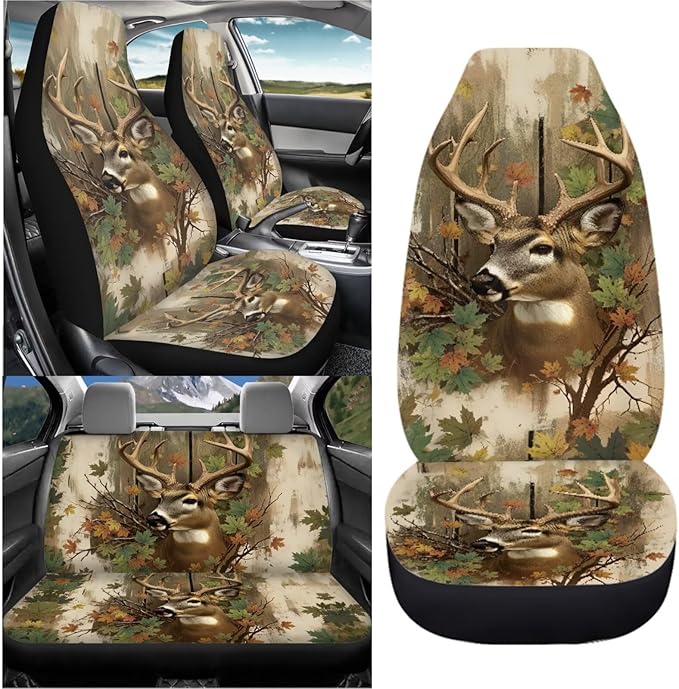 KEIAHUAN Deer Camo Hunting Car Seat Covers for Front and Rear Full Set 4 Piece Universal Front Bucket Seat Cover & Rear Bench Seat Protector Stretchy Breathable for Vans, Trucks, SUVs