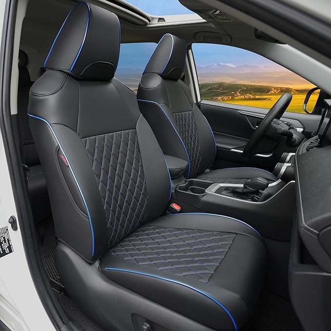 Lolcar Rav4 Seat Covers Custom Fit for Toyota Rav4 (for Hybrid) 2019-2025 LE,XLE,XLE Premium,Limited,Woodland Edition, Leather Truck Seat Cover Full Set for SUV,Faux Leather（Black with Blue Trim）