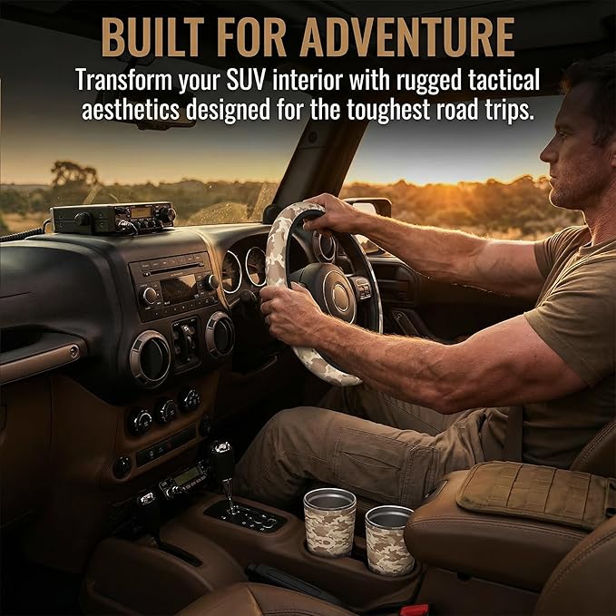 Brown Camo Steering Wheel Cover - Camouflage Steering Wheel Cover Anti-Slip Breathable Universal for 15 Inch Car with 2 Pieces Car Coasters Suitable for Men Women