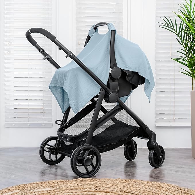 Comfy Cubs Baby Car Seat Cover - Soft, Breathable Bamboo Rayon and Muslin Cotton Blend - Lightweight Canopy for Sun, Bug, and Comfort Protection - Large Size Infant Seat Cover in Sky Blue Design