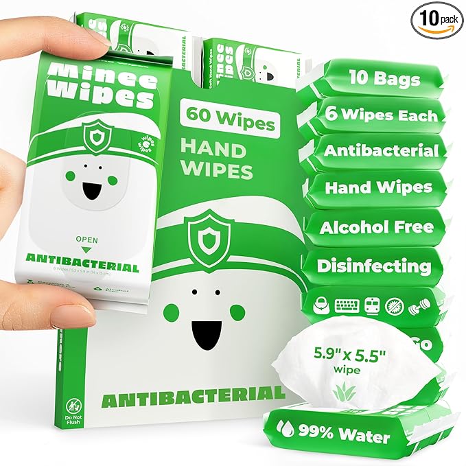 Impossibly Compact Travel Antibacterial Wipes Hand Sanitizer - 99.5% Water and Aloe - Safe for Sensitive Skin & Hypoallergenic Hand Wipes - Travel Essentials For Adults & Kids, 10 Pack Total 60 Wipe