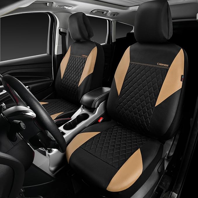CAR PASS Quilting Leather Front Seat Covers, Automotive Waterproof Deluxe PU Premium Vinyl Luxury Two Front Seats Only Universal Fit for Cars Sedans SUVs Airbag Compatible,2 Pieces,Black&Beige