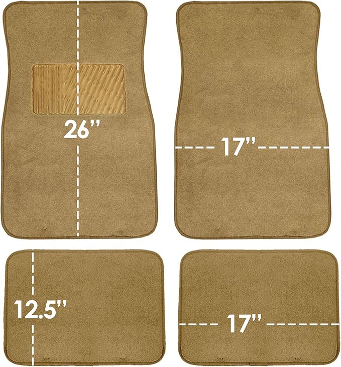 FH Group Car Floor Mat 4 Piece Set Driver's Seat with Heel Pad Deluxe Front 66 x 43 cm Rear 32 x 43 cm Beige