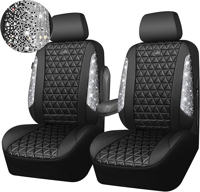 CAR PASS Bling Diamond Leather Car Seat Covers for 2 Front Interior Sets, Waterproof Shining Glitter Sparkly Crystal Universal Armrest Fit Automotive Truck SUV Cute Women Girl, Black Silver Rhinestone