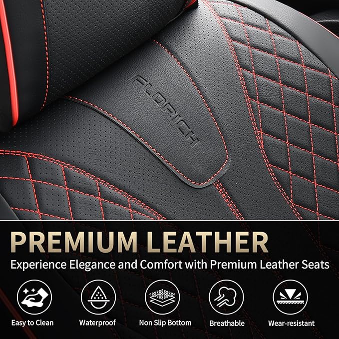 FLORICH Leather Car Seat Covers, Automotive Seat Cover 2 Pack Waterproof Seat Covers for Cars Driver Seat Cover Protectors Universal Fit for Most Cars SUV Trucks Vehicles, Black&Red Line