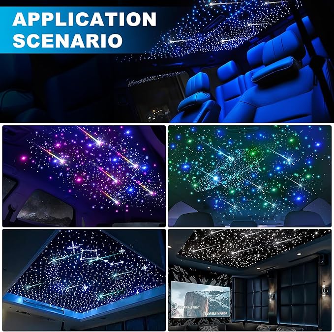 Car Starlight Headliner Kit, 4 Colors 32W Twinkle & Meteor Fiber Optic Ceiling Lights, 2 in 1 Light Engine 1100pcs*0.03in*13.1ft+240 RGBW Shooting Stars Lights for Car Roof Décor