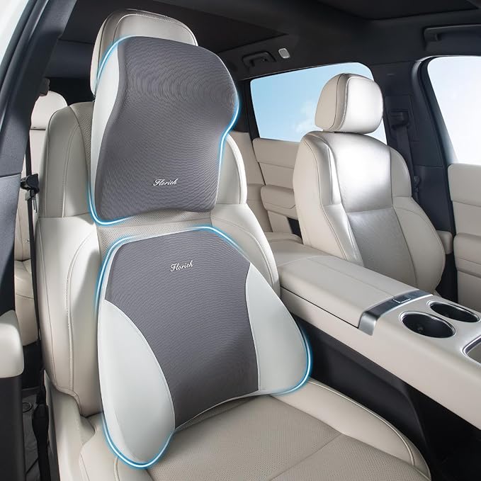 FLORICH Lumbar Support and Car Neck Pillow, Back Support and Headrest Pillow for Car Seat Driver, Memory Foam Back Neck Support Pillow and Car Seat Lumbar Support for Car Office Chair - Gray