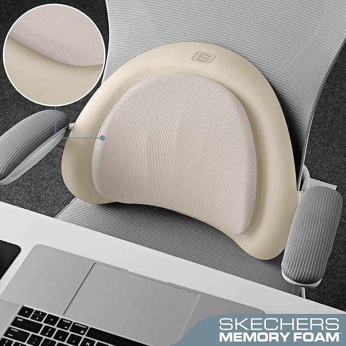 Skechers Lumbar Pillow Premium Memory Foam, Double-Layer-Office Chair Cushion for Tailbone Pain Relief,Butt Pillow for Office Chair,Car seat Cushion,Long Sitting Office Workers,and Car Drivers,Beige