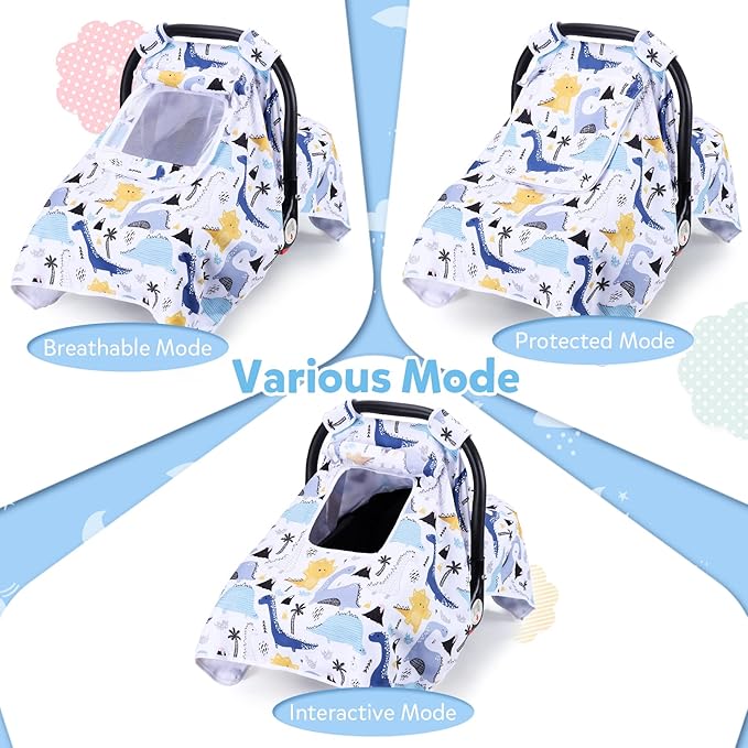 THE KENKYO Car Seat Cover for Babies, Breathable Carseat Cover for Boys Girls, Kick-Proof Infant Car Seat Canopy with Mesh Peep Window and Sun Shade, Windproof Stroller Cover for All Seasons