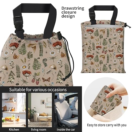 Car Trash Bag Large Hanging Can for Back of Seat, Cute Waterproof Car Garbage Bag for Vehicle, Travelling, Outdoor Cute Boho Beige Mushroom