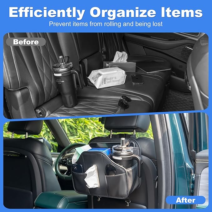 Upgraded Car Tissue Holder,Car Seat Back Organizer With Cup Holder,Premium PU Leather Headrest Seat Back Storage Fits For Kleenex Tissue Box (50-230ct)