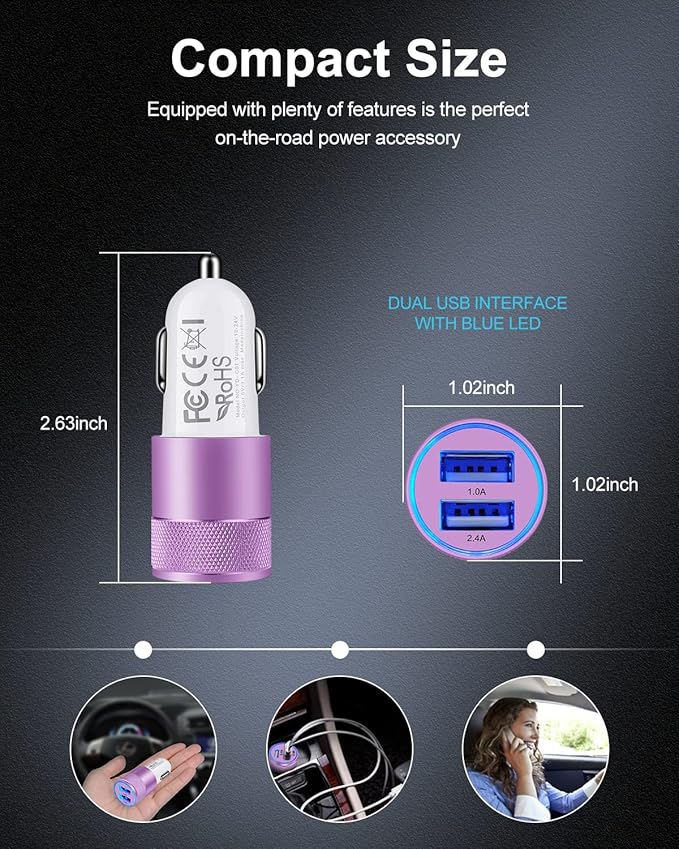 USB Car Charger, 2Pack Automobile Lighter Adapter Dual Port Cigarette Cargador Carro Cell Phone Charger for Samsung, iPhone, Google, Kindle, Double Port 3.4a Fast Charging Power Block