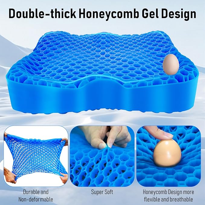 Cooling Gel Seat Cushion, Thickened Big Breathable Honeycomb Design Absorbs Pressure Points Gel Cushion with Anti-Slip Cover Cooling Seat Cushion for Office Chair Home Car Seat Cushion for Wheelchair