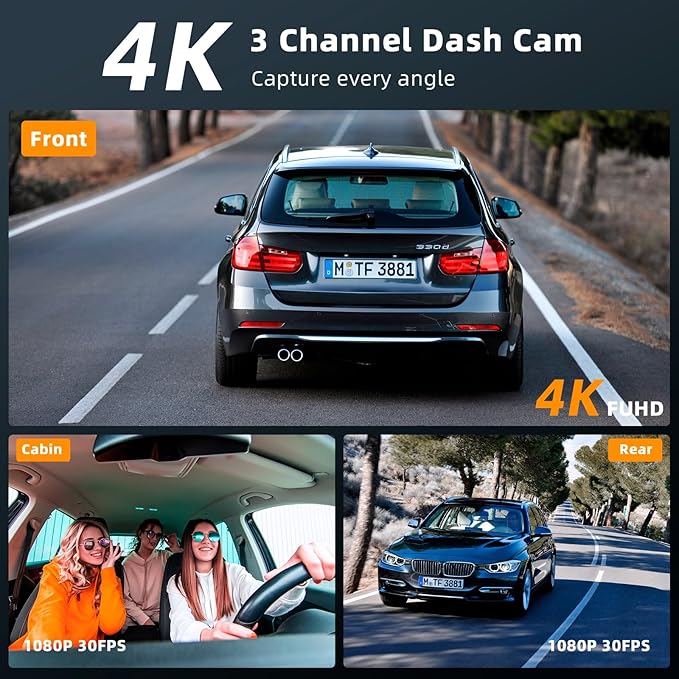 Real 4K 3 Channel Dash Cam Front and Rear Inside, STARVIS 2 HDR Sensor, 5.8GHz Wi-Fi GPS G-Sensor, 4K+1080P+1080P Dash Cam, 64GB Card Included, IR Night Vision, 3.3" IPS Screen, 24Hr Parking Monitor