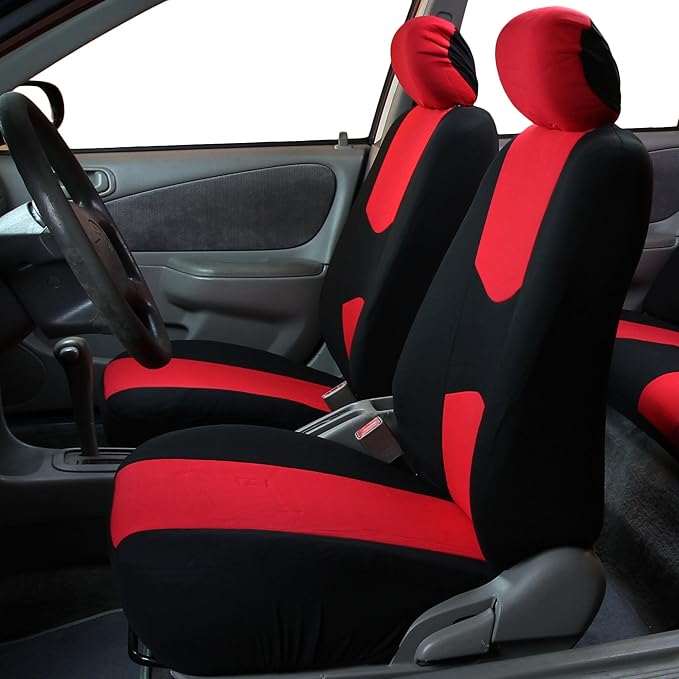 FH Group Car Seat Covers Flat Cloth Automotive Red Full Set, Rear Solid Bench Universal Fit Combo Steering Wheel Cover & Seat Belt Pads Car Seat Protector for Cars Trucks SUV Interior Accessories