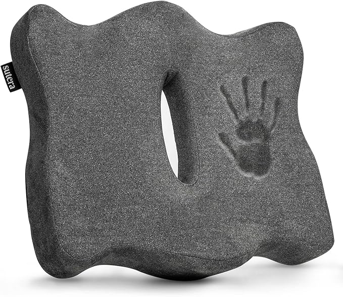 SUTERA Proper Posture Seat Cushion for Office Chair or Car Seat, Superior Memory Foam for Support and Back Pain Relief, Rubber Grips Underneath to Prevent Shifting (17.7x16x4.3 inches)