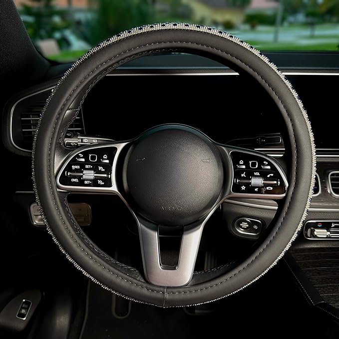 Lord AutoFashion 15 Inch Luxury Universal Steering Wheel Cover Rhinestone Crystals Anti-Slip Microfiber Leather for Women Girls Car Accessory Bling Diamonds (Blue JX06)