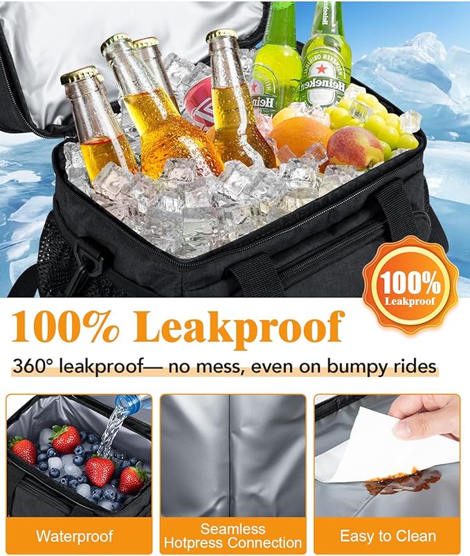 Insulated Lunch Bag for Men & Women, Double Leakproof Lunch Box Soft Cooler Tote with 5 Pockets, 600D Oxford, EVA Lining, Adjustable Strap for Work, Picnic, Beach&Travel-Black
