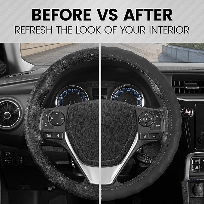 BDK Genuine Black Leather Steering Wheel Cover for Car, Small (13.5" - 14.5") – Ergonomic Comfort Grip for Men & Women, Car Steering Wheel Cover for Vehicles with Small Steering Wheels
