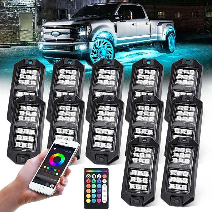 12 Pods RGB Rock Lights for Trucks,Multi Chasing Color App/Remote Control Led Rock Lights with Music Mode Underglow Kits for Cars Jeep UTV SUV ATV