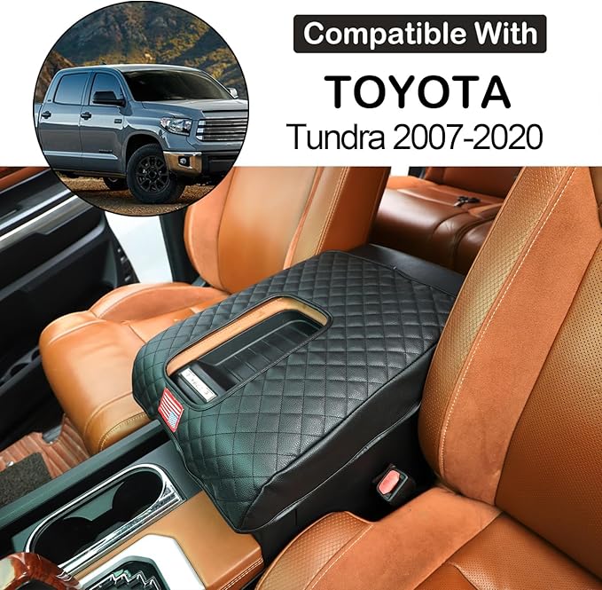 Aunginsy Leather Center Console Armrest Cover Compatible with Toyota Tundra 2014-2021, Car Arm Rest Pad Seat Box Cover Cushion Lid Scratch Protector Waterproof Black Accessories, With USA Flag Pattern