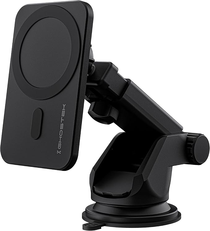 Ghostek NRGmount MagSafe Car Mount Charger iPhone 15W Fast Charging with Air Vent Clip, Dash Windshield Suction Clamp with Adjustable Arm Designed for iPhone 13 Pro Max, iPhone 12 Pro Max mini (Black)