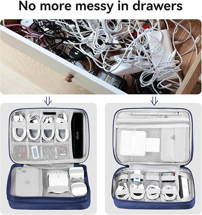 DDgro Electronic Cable Organizer Bag, Large Travel Cord Storage Case for Charger, Power Bank, Cables & Tech Accessories (Large, Navy Blue)