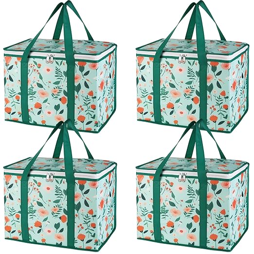 Bodaon 4-Pack Cooler Insulated Food Delivery Bag, X-Large Bags for Grocery/Catering/Shopping, Rideshare Delivery Bag, Thermal Hot Pizza, Large Cold and Frozen, XL Tote, Flower