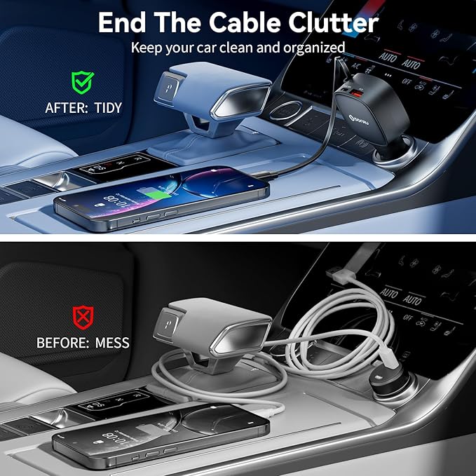 84W Max Retractable Fast Car Charger, Dual PD 33W USB C Car Charger, Cigarette Lighter Adapter with Built-in Retractable Cable for iPhone15/16/17, Samsung, Android, Equipped with a 31.5 inch Cable