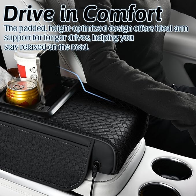 Car Armrest Box Mat - Multi-Functional Black Leather Center Console Cover Waterproof Height Enhancement Cushion with Storage Box Cup Tissue Phone Holder Card Pocket for Car Interior Accessory