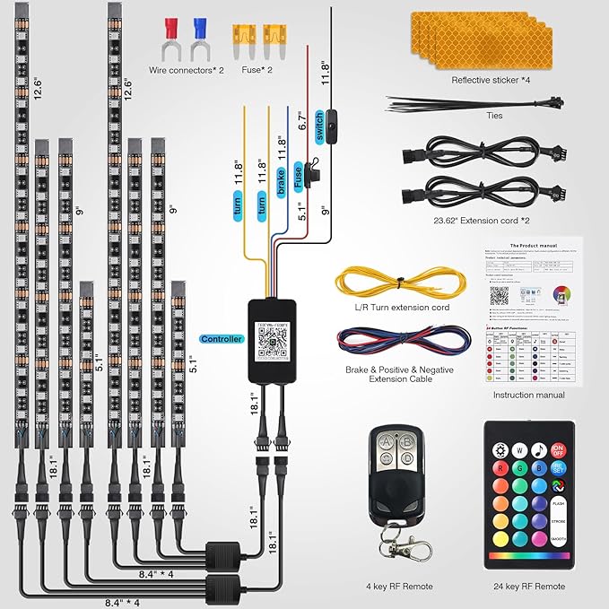 8PCS Segmented Motorcycle RGB LED Light Kits with APP/RF Remote, Multicolor Underglow Lights with Brake Turn Signal, 12V Waterproof Strip for Sport Bike, Cruiser, Street & Dirt Motorcycle