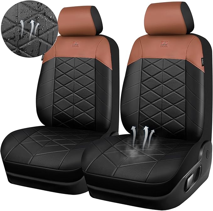 CAR PASS Nappa Leather Waterproof Car Seat Covers Two Front, 3D Foam Automotive Seat Covers with Memory Foam, Universal Fit for Cars SUV Truck Sedan, Airbag Compatible, Black Brown
