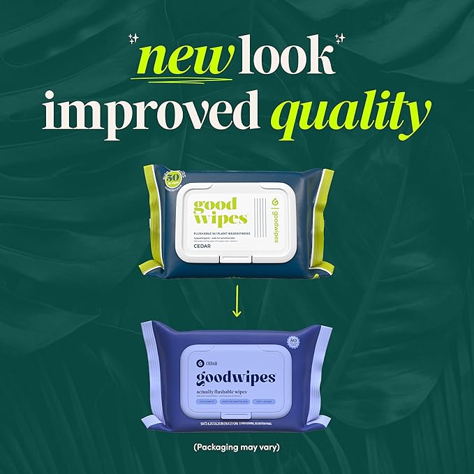 goodwipes Flushable Butt Wipes - Vitamin E & Aloe - Sewer & Septic Safe - Extra Large Adult Wet Wipes For Women & Men - Bathroom Essentials - Cedar, 318 Count (6 Packs + 1 Travel)