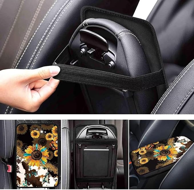 Universal Armrest Cover Pad, Sunflower Cow Print Car Center Console Cushion Pad, Protect from Pet Claws, Sticky Fingers, Auto Decor Accessories