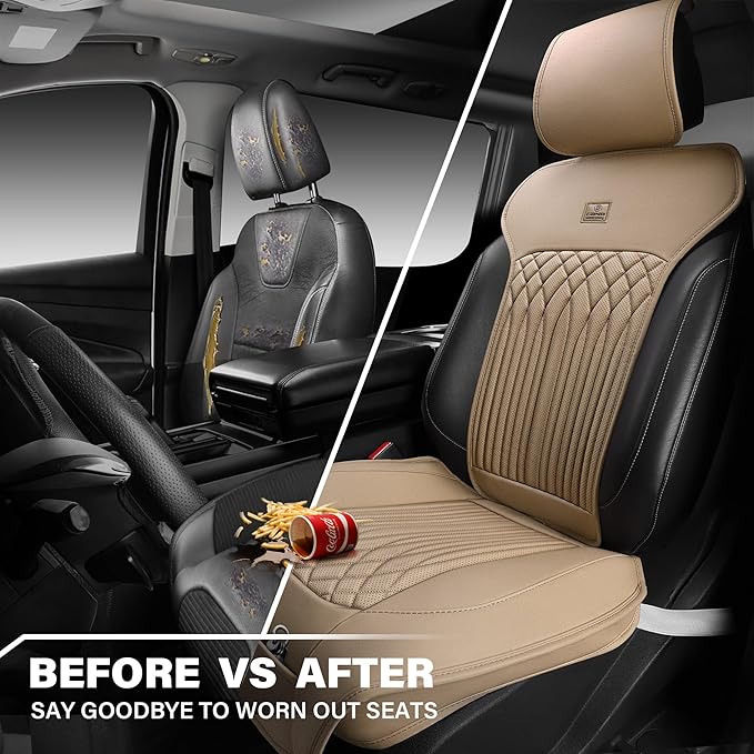 CAR PASS Car Seat Protector, 2 Pack Sideless Nappa Leather Seat Covers for Cars, All Season Waterproof Breathable Front Seats Cushion with Storage Pocket Universal Fit Vehicle Car SUV Truck, All Beige