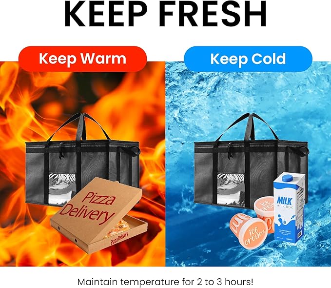 NZ home Insulated Bags for Food Delivery (3XL) Grocery Shopping Cooler Bag, Pizza Delivery, Hot & Cold Catering Tote, Reusable, Foldable & Heavy Duty (4 Pack, Black)