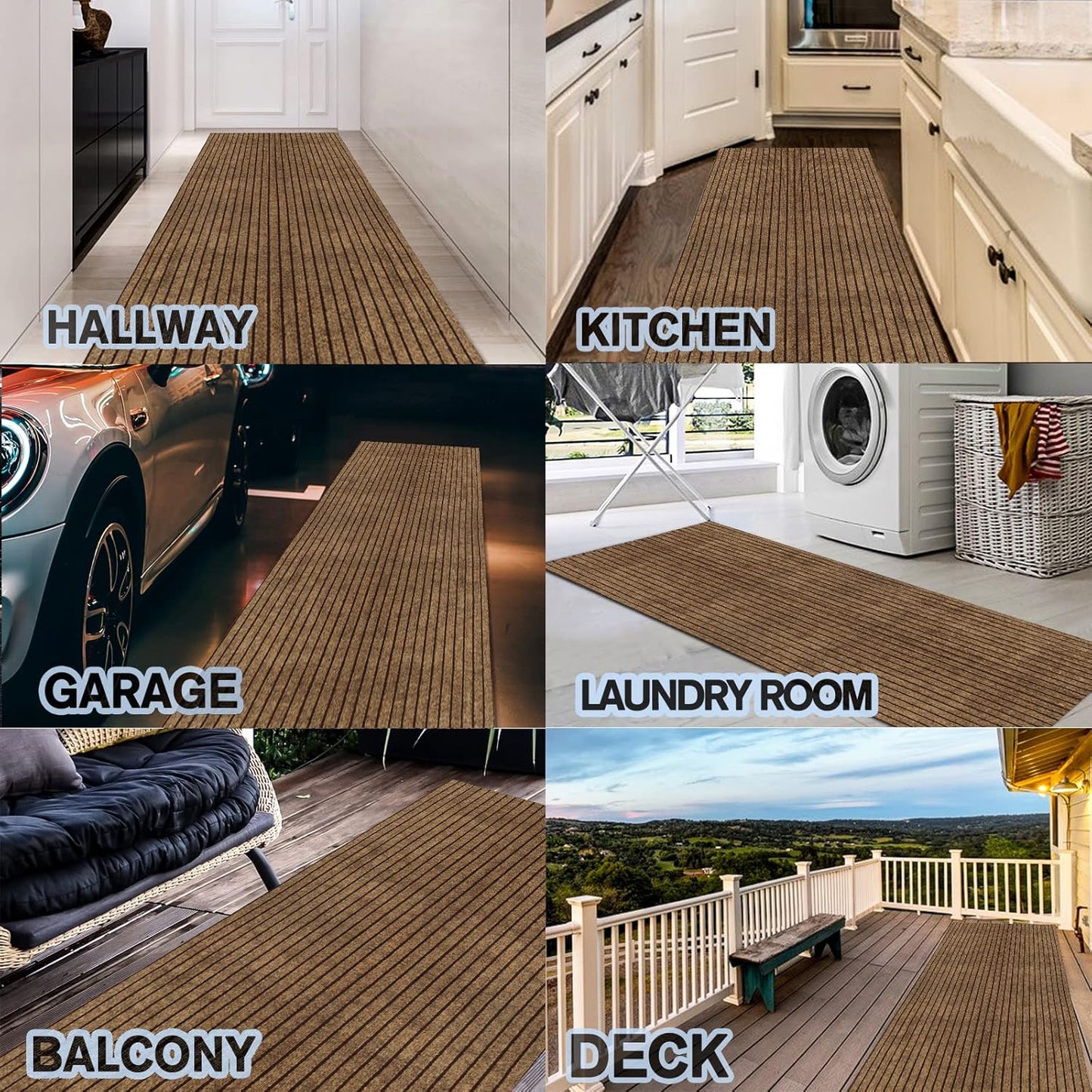 Custom Size Backed Non-Slip Area Rugs Runner, Easy Clean, Waterproof Runner Rugs for Hallway Entryway, Kitchen, Laundry, 2FT x 15FT, Brown Stripe