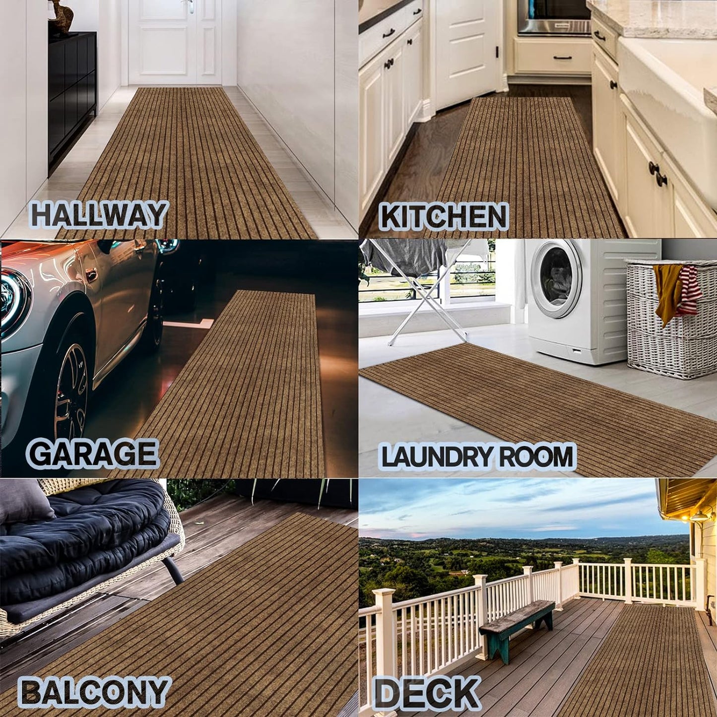 Custom Size Backed Non-Slip Area Rugs Runner, Easy Clean, Waterproof Runner Rugs for Hallway Entryway, Kitchen, Laundry, 3FT x 72FT, Brown Stripe