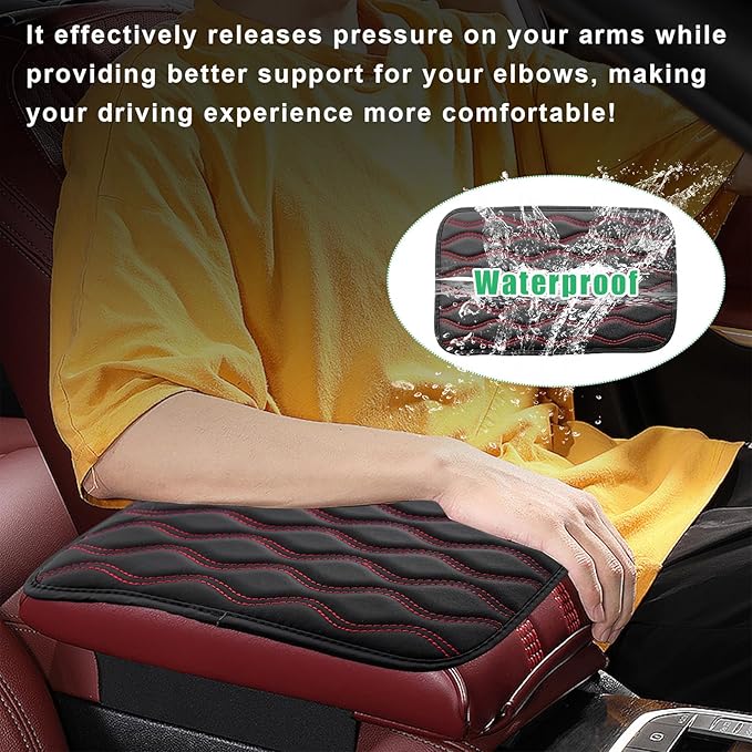 Car Center Console Pad, Waterproof Auto Armrest Seat Box Cover, PU Leather Arm Rest Protector Cushion Pad, Universal Vehicle Interior Protection Accessories for Car SUV (Black & Red)
