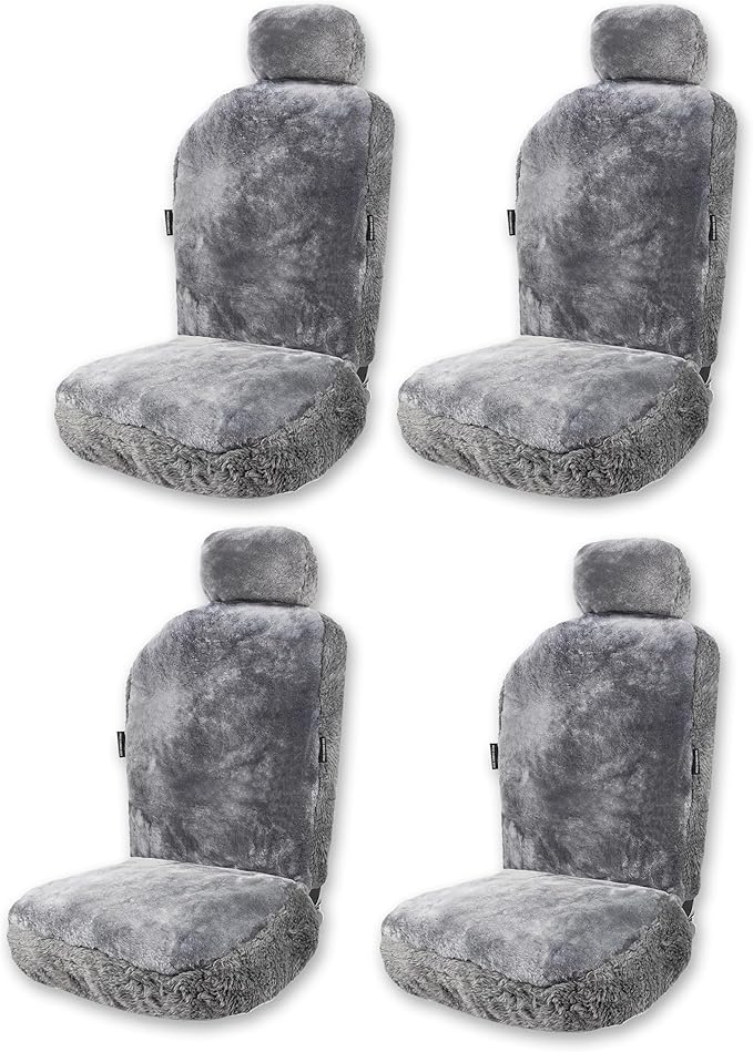 ZONETECH Sheepskin Seat Covers Fuzzy Car Seat Covers Grey Australian Merino Wool Fluffy Fur Auto Accessories All Season Protection for Your Seats Universal Fits Most Car SUV Airbag Compatible 4-Pack