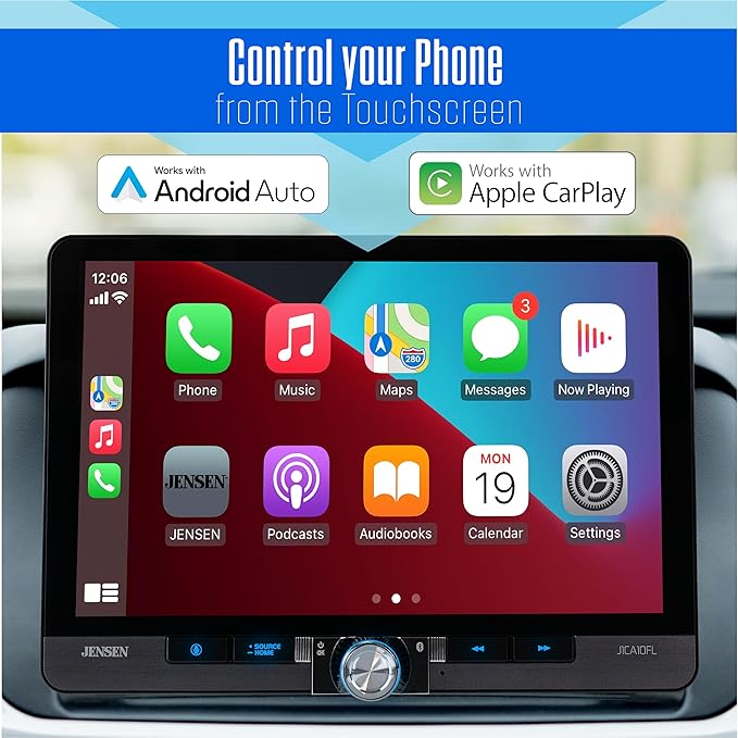 JENSEN J1CA10FL 10.1-inch Certified Apple CarPlay Android Auto Wired or Wireless | Single DIN & Double DIN Touchscreen Car Stereo Radio | Bluetooth | Front & Rear Camera Inputs | USB Playback & Charge