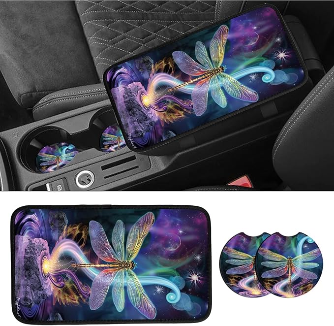 Car Armrest Cover Pads Universal Fashion Cute Auto Center Console Armrest Cover Pad with 2PCS Car Coasters Soft Waterproof Car Armrest Seat Protector for Women, Colorful Dragonfly
