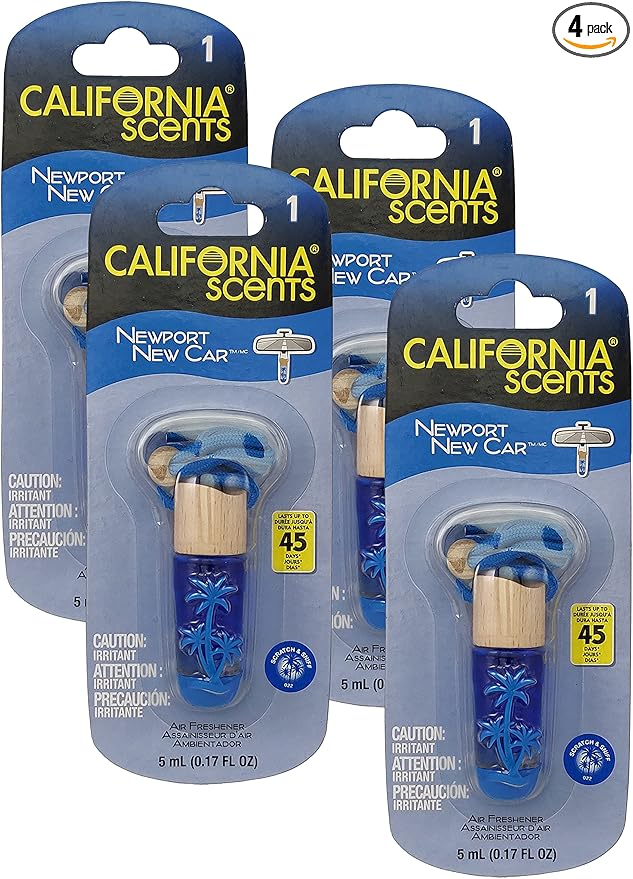 California Scent Air Fresheners Hanging Vial - New Car Scent: Hanging Air Freshener & Odor Eliminator for Strong Odor, 4 Packs
