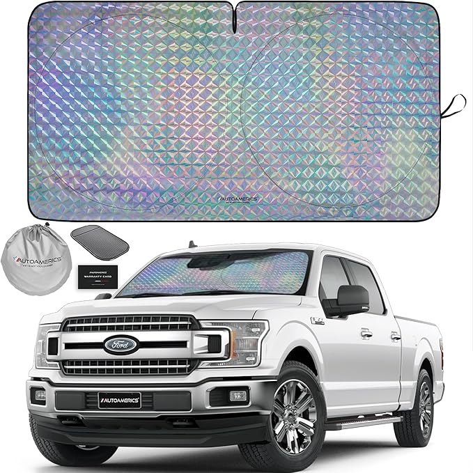 Autoamerics 1-Piece Windshield Sun Shade - Holographic Print Foldable Car Front Window Sunshade for Cars SUV Truck - Heat Blocker Visor Protector Blocks Max UV Rays and Keeps Your Vehicle Cool X-Large