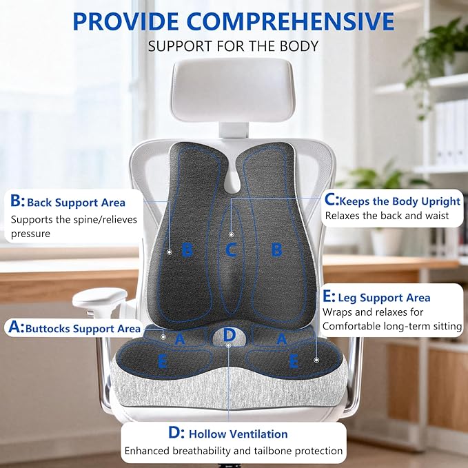 Lumbar Support Pillow for Office Chair,Seat Cushion with Back Support,Office Chair Cushion for Tailbone Pain,Sciatica and Hemorrhoid Relief (Grey)